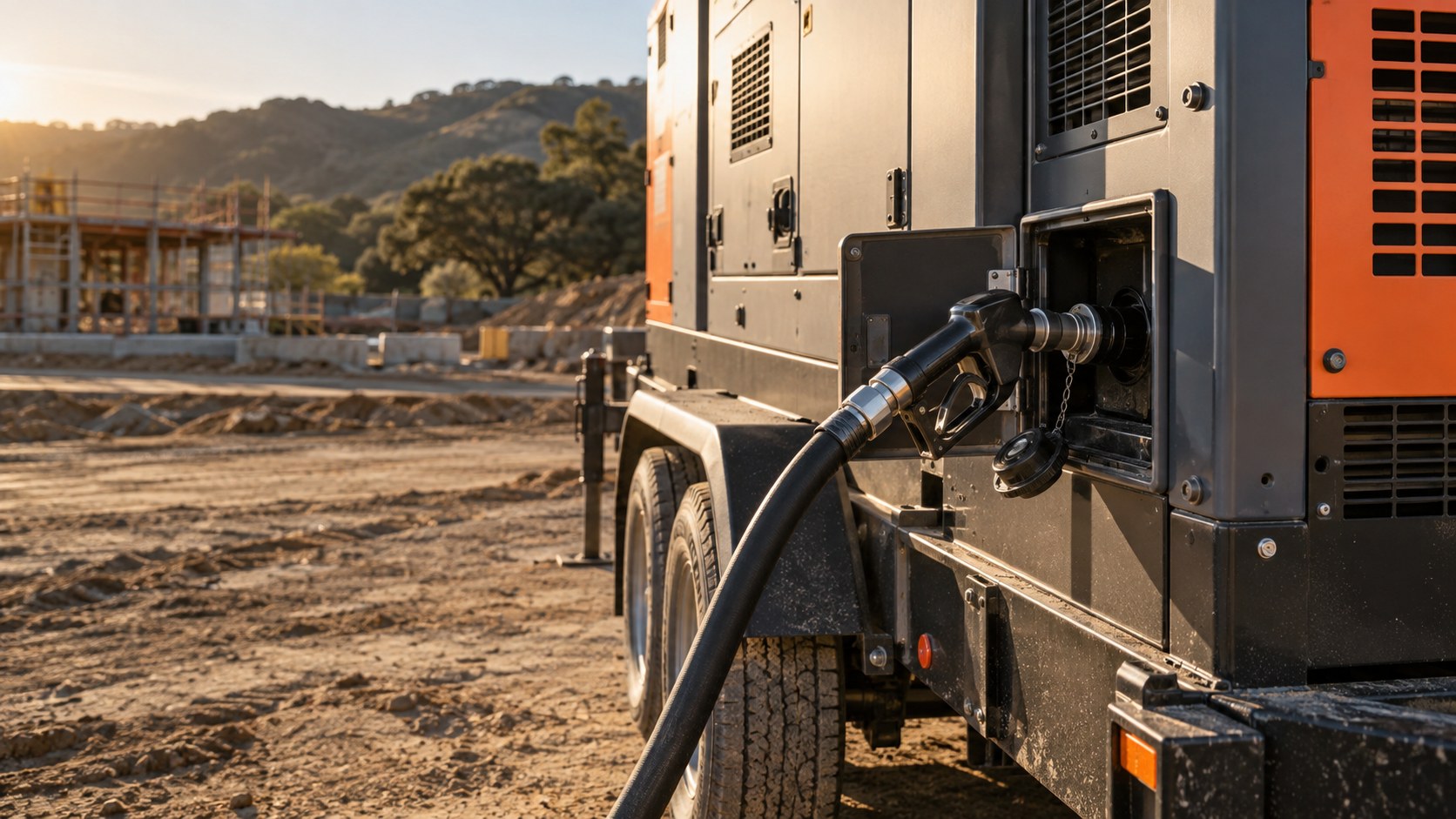 Portable industrial generator and fuel hose at a construction site
